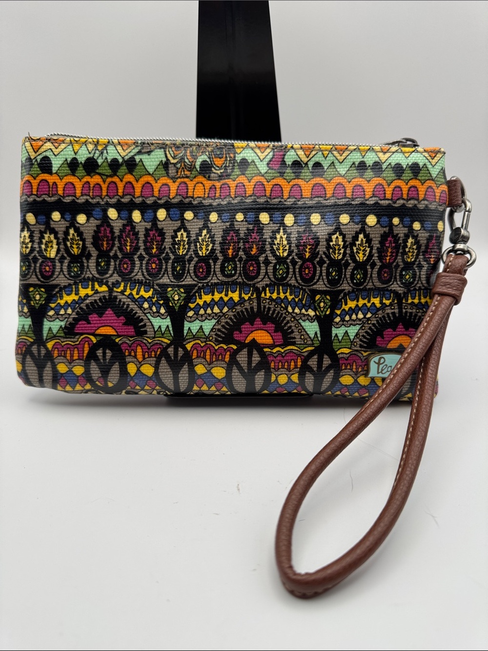 Sakroots Multicolor Patterned Wristlet Clutch with Brown Strap